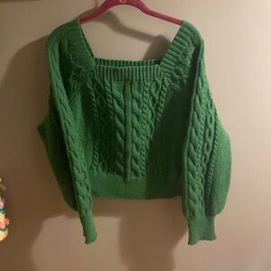 Green Cable Knit Cropped Square Neck Sweater